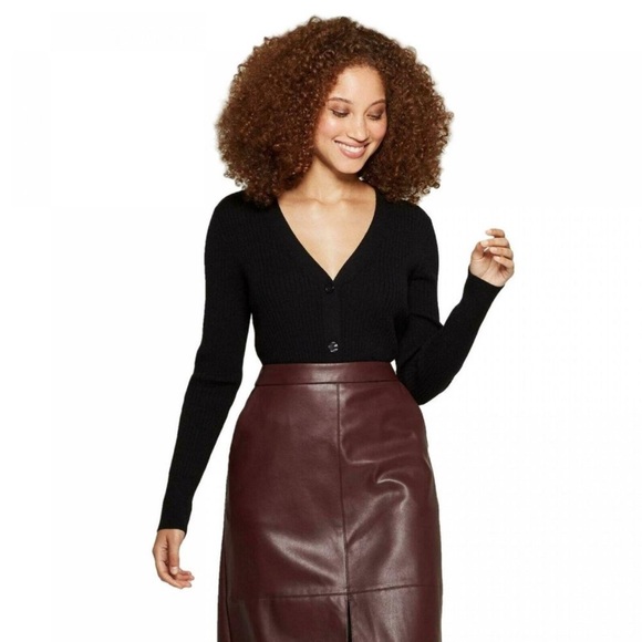 a new day Sweaters - A New Day Ribbed V-Neck Slim Cardigan Sweater Black Large